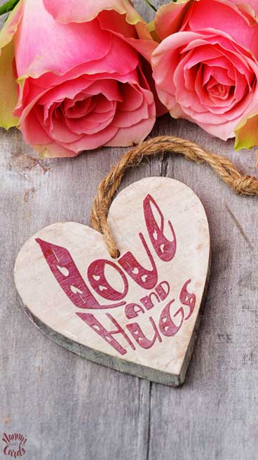>Wooden Heart with 'Love & Hugs' - Beautiful eCard and Phone Wallpaper